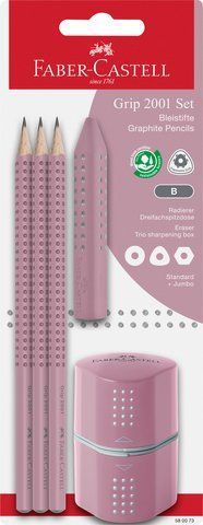 Набір у блістері Faber-Castell Grip 2001 Rose Shadows, 3 чорнографітні олівці В + гумка + стругачка, 580073 580073 фото