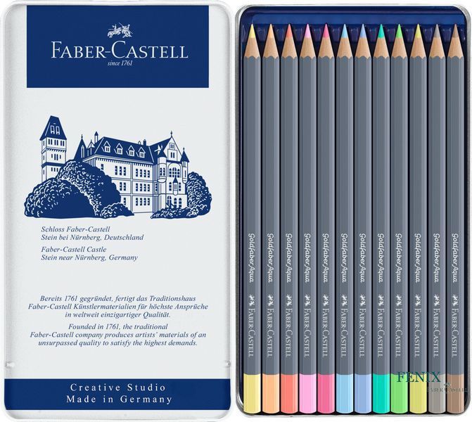 Акварельні олівці Faber-Castell Goldfaber Aqua в металевій коробці, 12 пастельних кольорів,114622 114622 фото