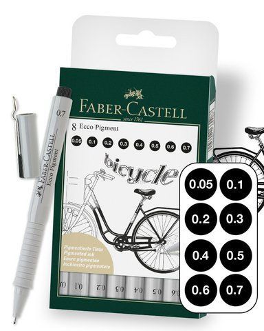 Набір капілярних ручок для графічних робіт Faber-Castell Ecco Pigment, 8 шт. - чорні, 0,05 &mdash; 0,7 мм, 166008 166008 фото