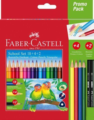 Карандаши цветные Faber-Castell 18 цветов трехгранные + 4 основных цвета + 2 чернографитных карандаша, 201597 201597 фото