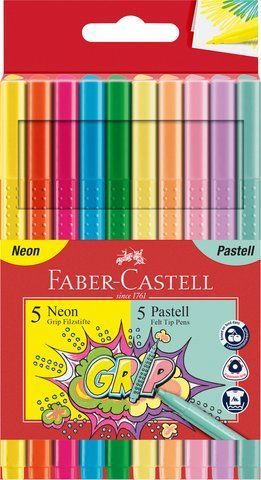 Фломастеры Faber-Castell Grip felt-tip pen Neon + Pastel, трехгранные пастельные + неоновые, 10 цветов, 155312 155312 фото