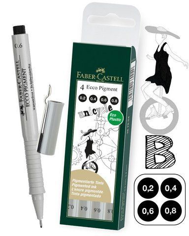 Набір капілярних ручок для графічних робіт Faber-Castell Ecco Pigment, 4 шт.- чорні, 0,2- 0,8 мм, 167004 167004 фото